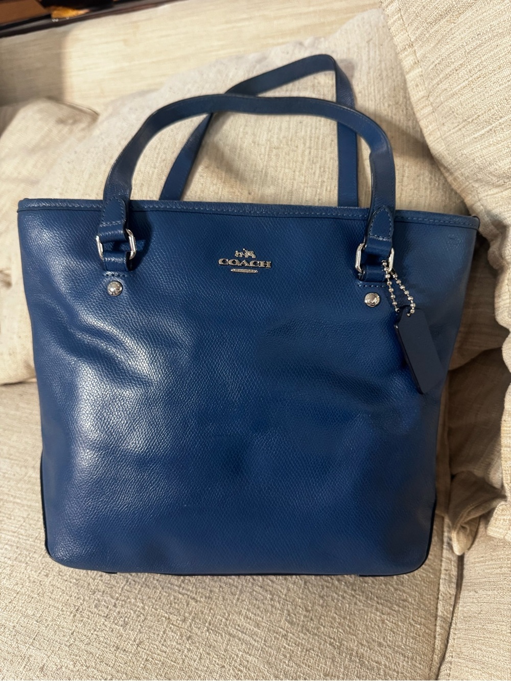 Coach Navy Blue Leather Tote - Polished Silver Hardware